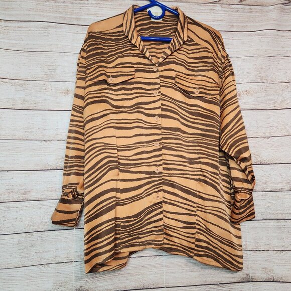 Vtg Escada Women's Long Sleeve Blouse Orange Animal Print Size 42 M 100% Silk - Picture 1 of 14